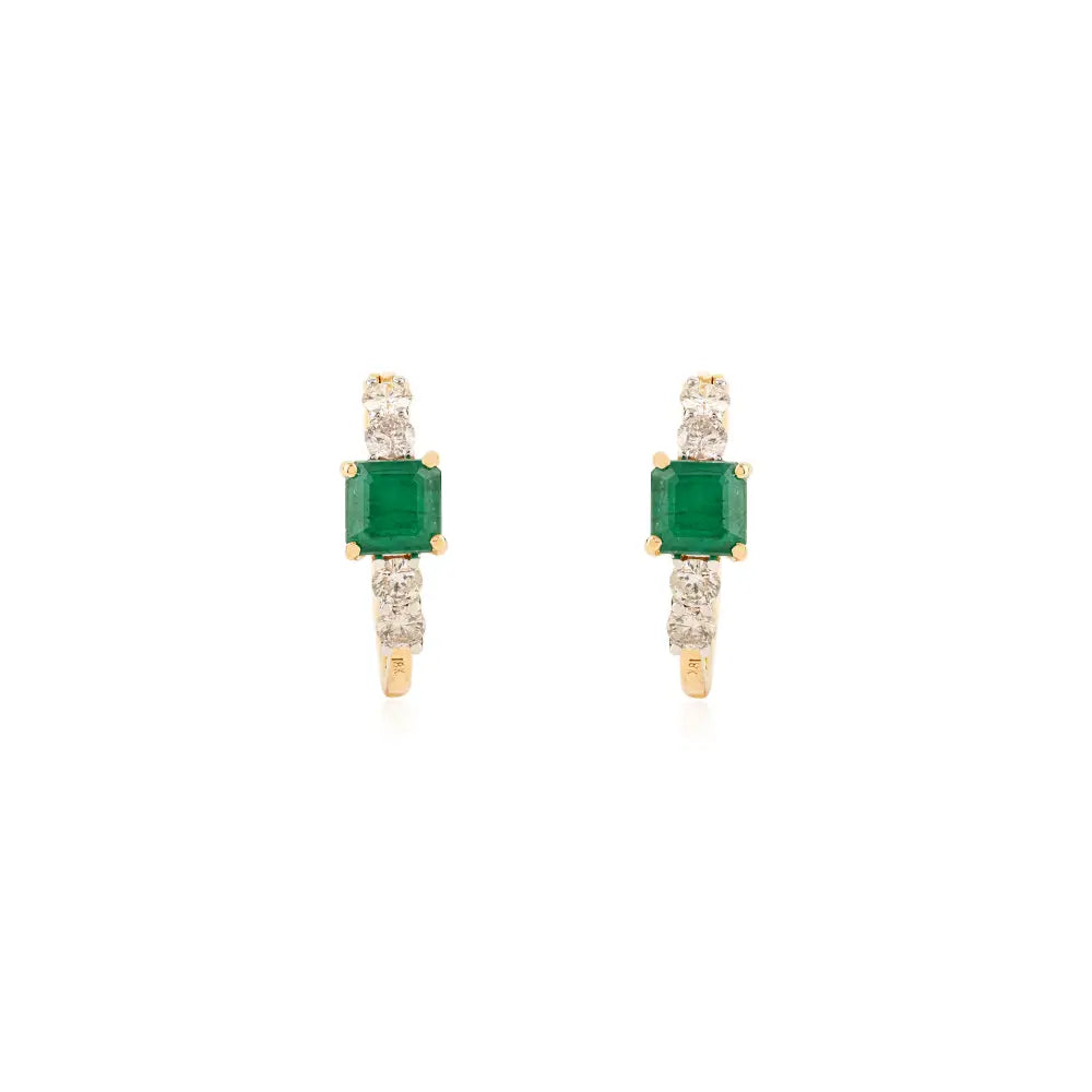 Square Emerald & Round Cut Diamond 18K Solid Gold Fine Hoop Earrings High Quality Jewelry