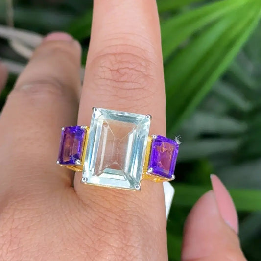 Exclusive Jewelry Handmade Green & Purple Amethyst 925 Silver Yellow Gold Plated Three Stone Ring
