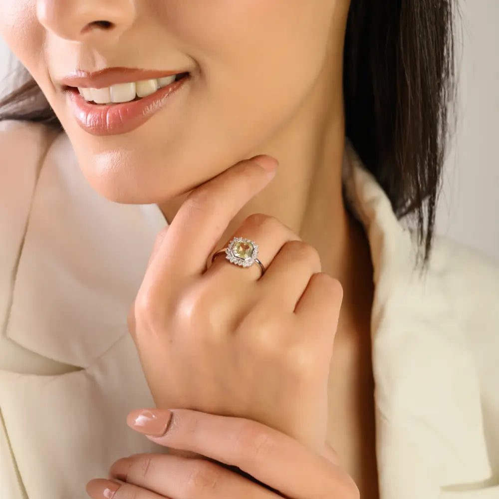 14K Solid White Gold Yellow Sapphire & Diamond Halo Statement Ring Birthstone Jewelry