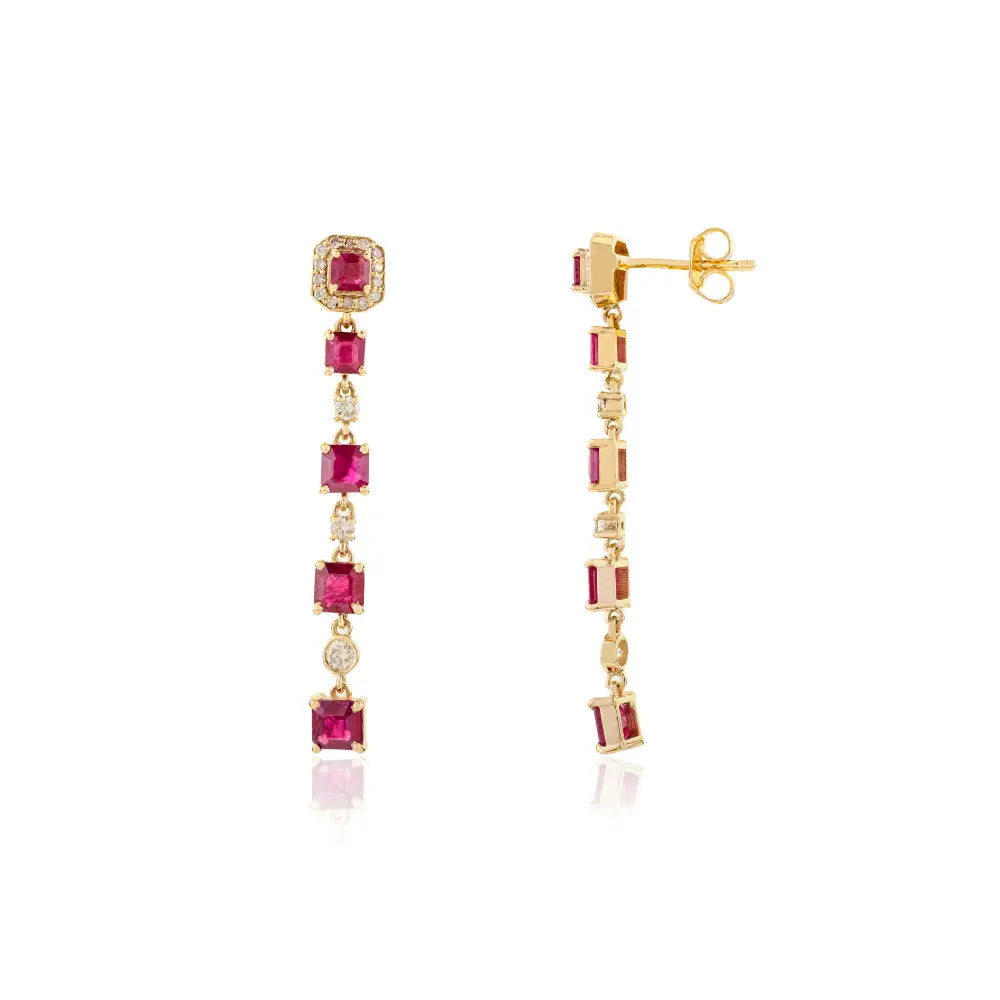 Square Cut Ruby & Diamond Fine Long Dangle Earrings Engagement Gift 14K Real Yellow Gold