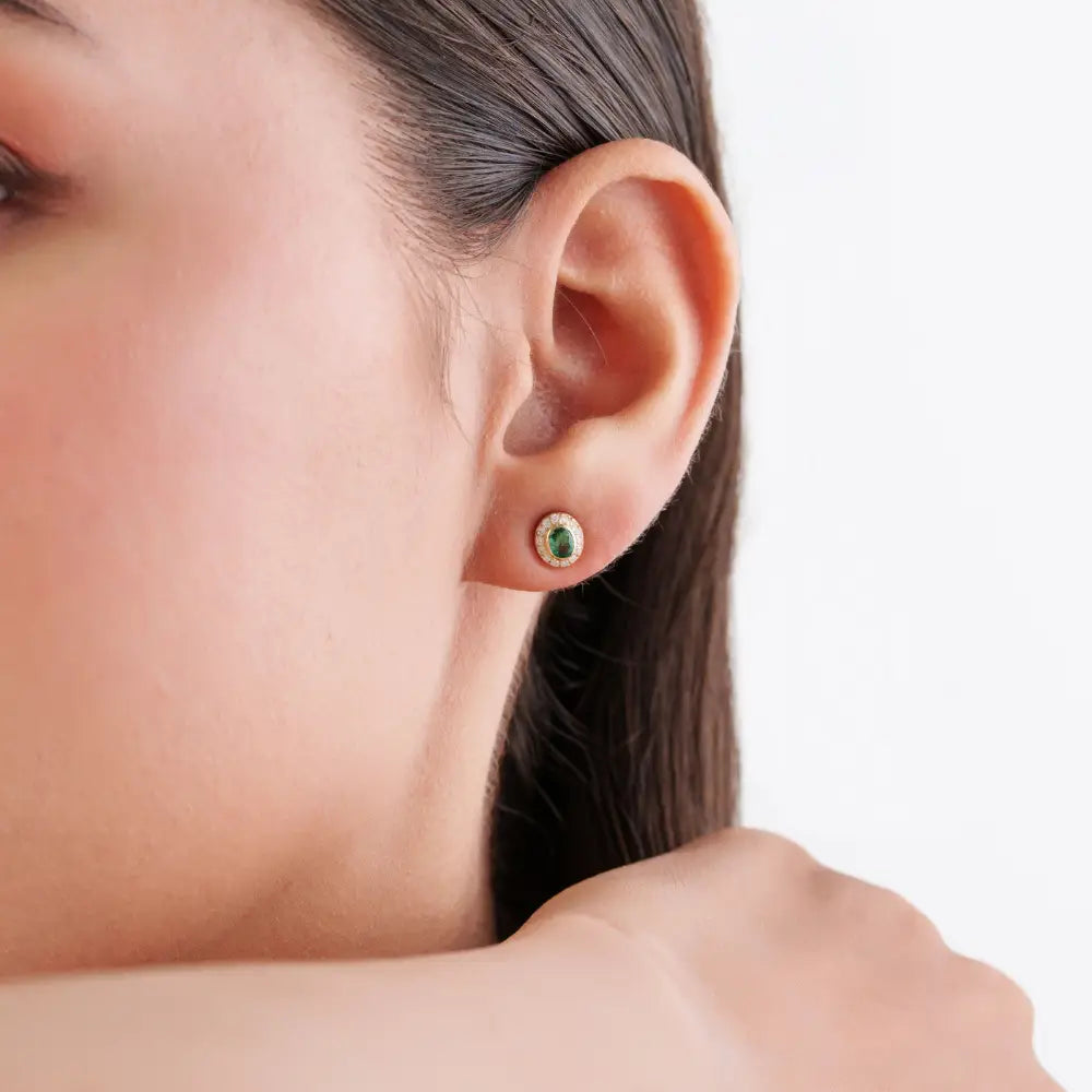 Bezel Set Emerald & Diamond Minimal Halo Stud Earrings For Girls Real 14K Yellow Gold