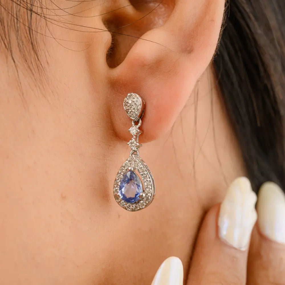 Gemstone Jewelry Natural Blue Sapphire & Diamond 14K White Gold Dangle Drop Earring