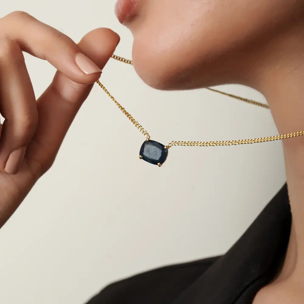 Prong Set Blue Sapphire 14K Solid Yellow Gold Cuban Chain Single Stone Pendant Necklace