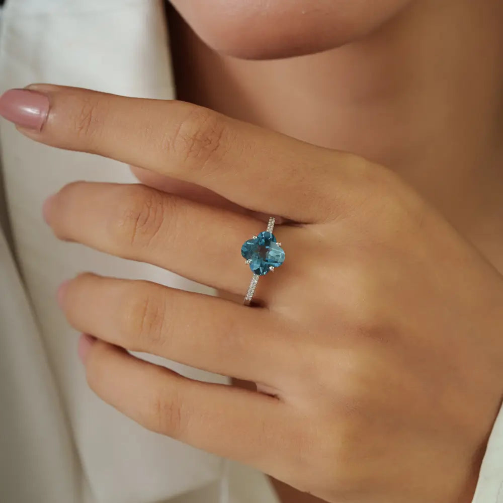 14K Real White Gold Blue Topaz & Diamond Four Leaf Clover Shape Minimal Ring Fine Jewelry