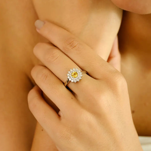 Trending Yellow Sapphire & Diamond Double Cluster Engagement Ring 14K Pure White Gold