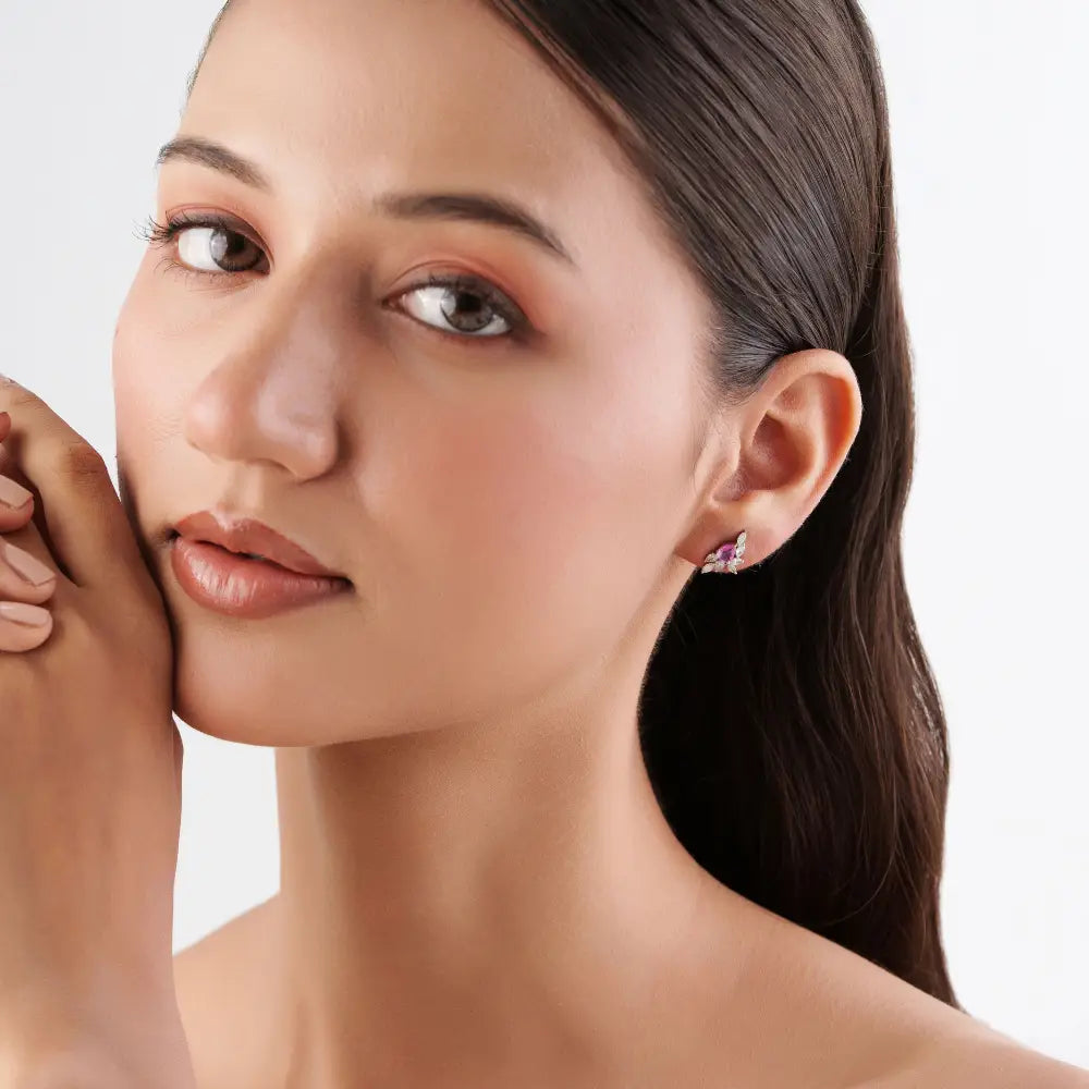 Unique Design Pink Sapphire & Diamond Stud Earrings Birthstone Jewelry 14K White Gold