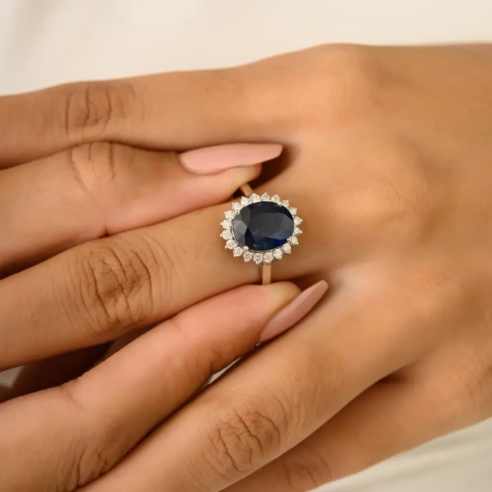 18K White Gold Prong Set Blue Sapphire & Diamond Princes Diana Ring Wedding Jewelry