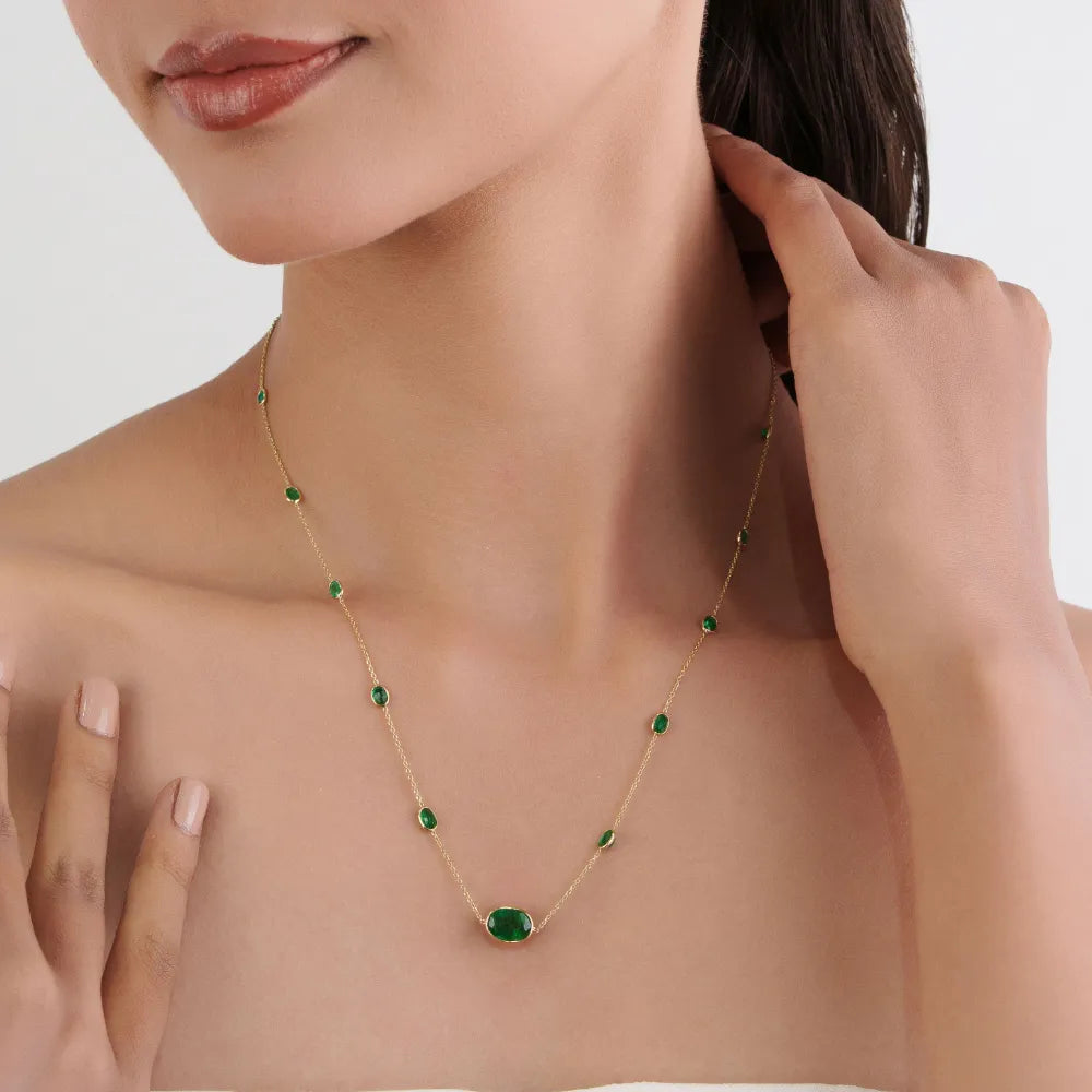 Precious Gemstone Fine Emerald Station Chain Necklace May Birthstone Pure 14K Yellow Gold Women's Jewelry