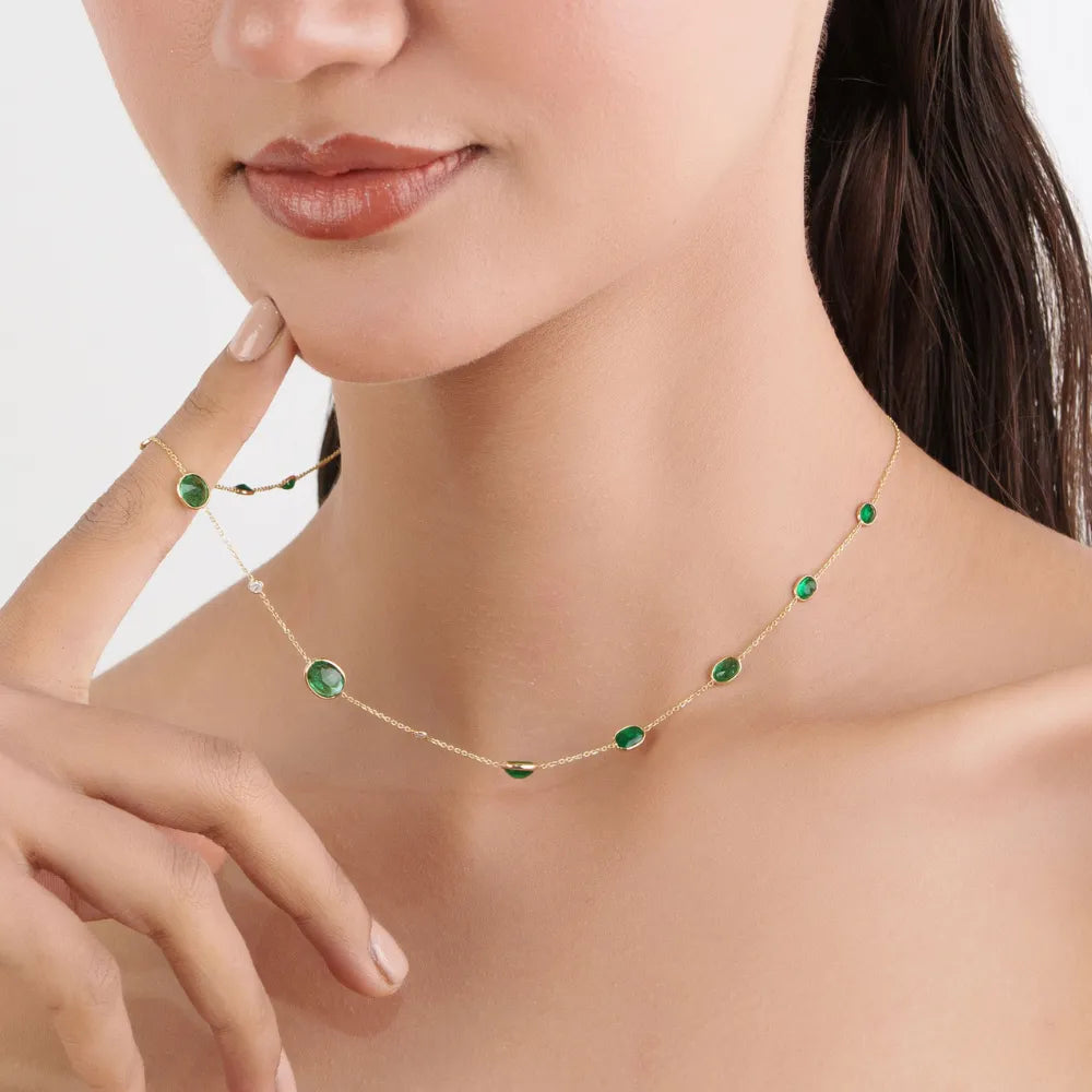 Latest Design Handmade Emerald & Diamond 14K Solid Yellow Gold Station Necklace Light Weight Jewelry