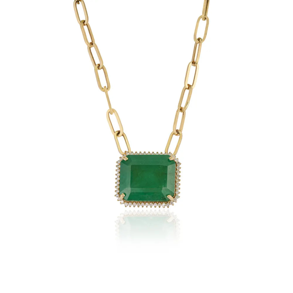 18.82ct. Zambian Emerald & Diamond Cluster Paperclip Chain Pendant Necklace K14 Yellow Gold Jewelry