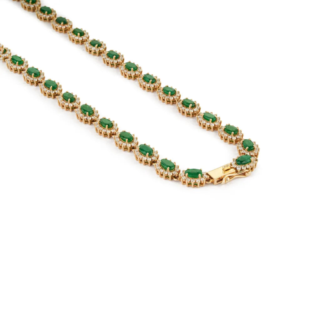 9.88ct. Zambian Emerald & Diamond Pure K14 Yellow Gold Cluster Tennis Necklace May Birthstone Jewelry