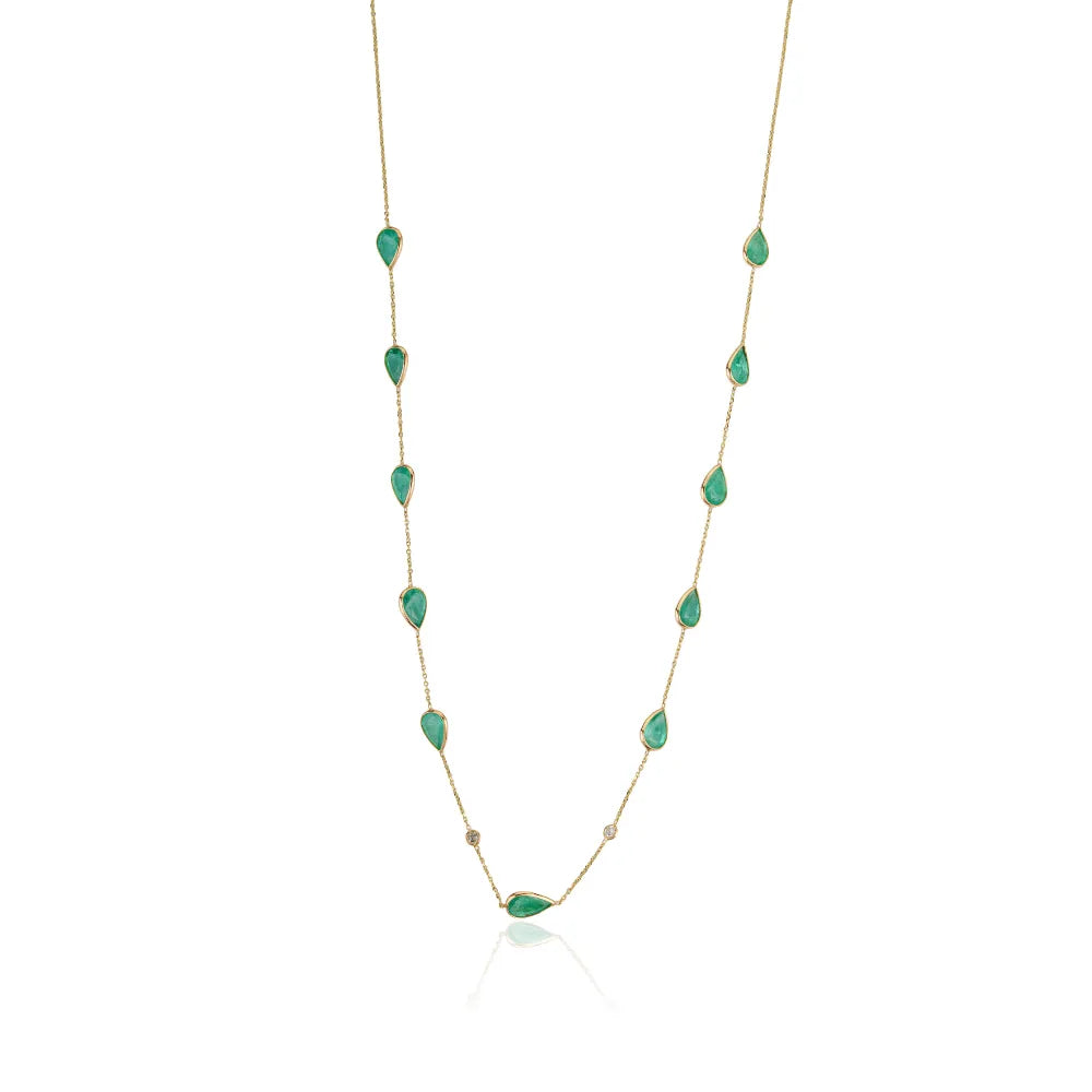 Pear Shape Emerald & Round Cut Diamond Simple Station Chain Necklace For Women's 14K Yellow Gold
