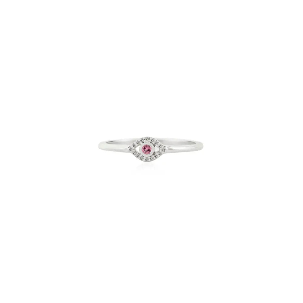 Dainty Small Pink Tourmaline & Diamond Evil Eye Ring 18K White Gold Fine Minimalist Jewelry