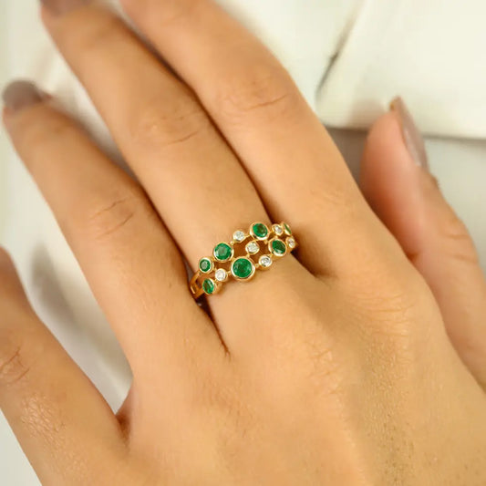 Round Cut Emerald & Diamond Solid 14K Yellow Gold Bubble Ring Handmade Gift For Her