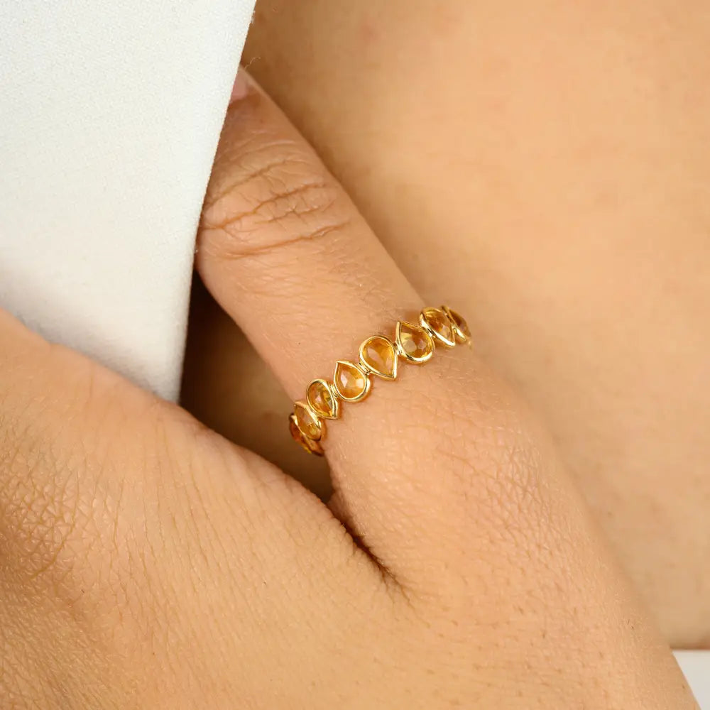 November Birthstone Genuine Citrine 18K Pure Yellow Gold Eternity Band Ring Stacking Jewelry