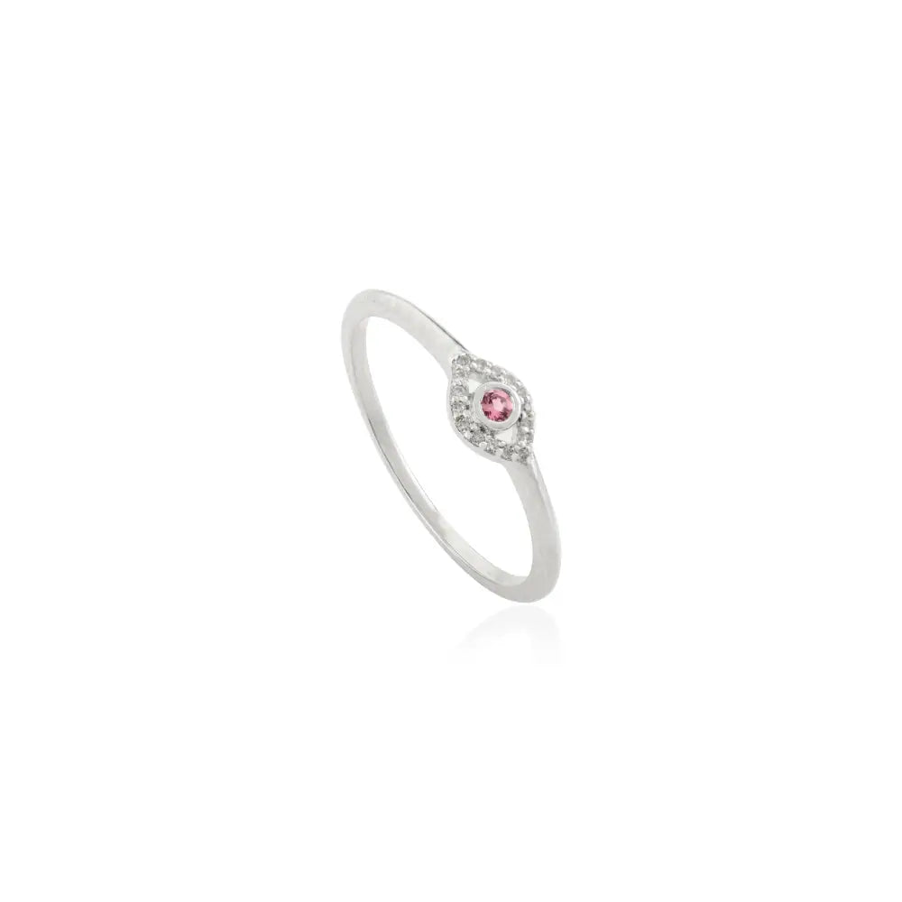 Dainty Small Pink Tourmaline & Diamond Evil Eye Ring 18K White Gold Fine Minimalist Jewelry