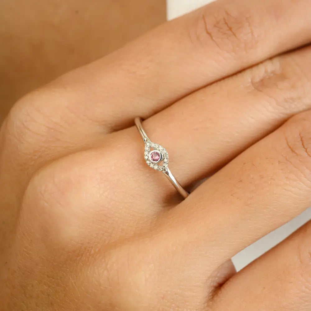 Dainty Small Pink Tourmaline & Diamond Evil Eye Ring 18K White Gold Fine Minimalist Jewelry