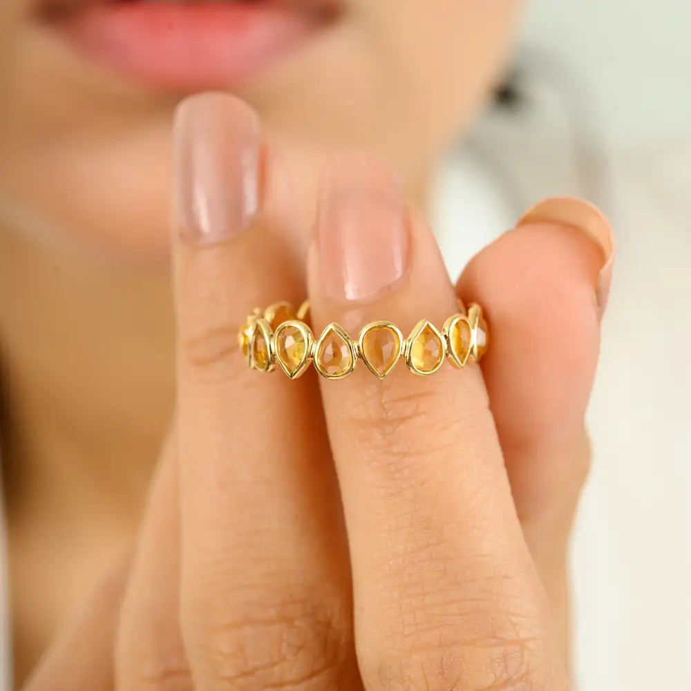 November Birthstone Genuine Citrine 18K Pure Yellow Gold Eternity Band Ring Stacking Jewelry