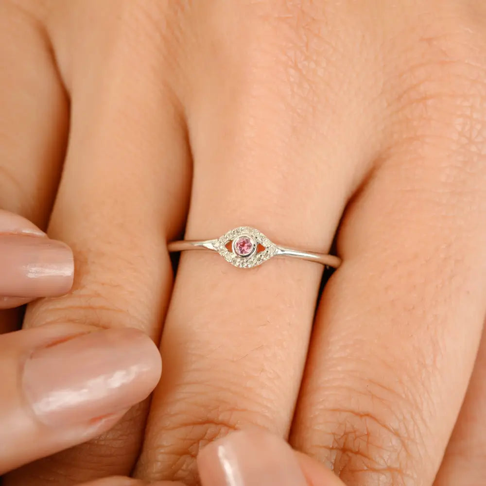 Dainty Small Pink Tourmaline & Diamond Evil Eye Ring 18K White Gold Fine Minimalist Jewelry