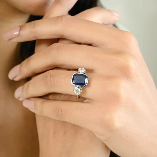 Bezel Setting K14 White Gold Blue Sapphire & Diamond Three Stone Ring Gift For Women