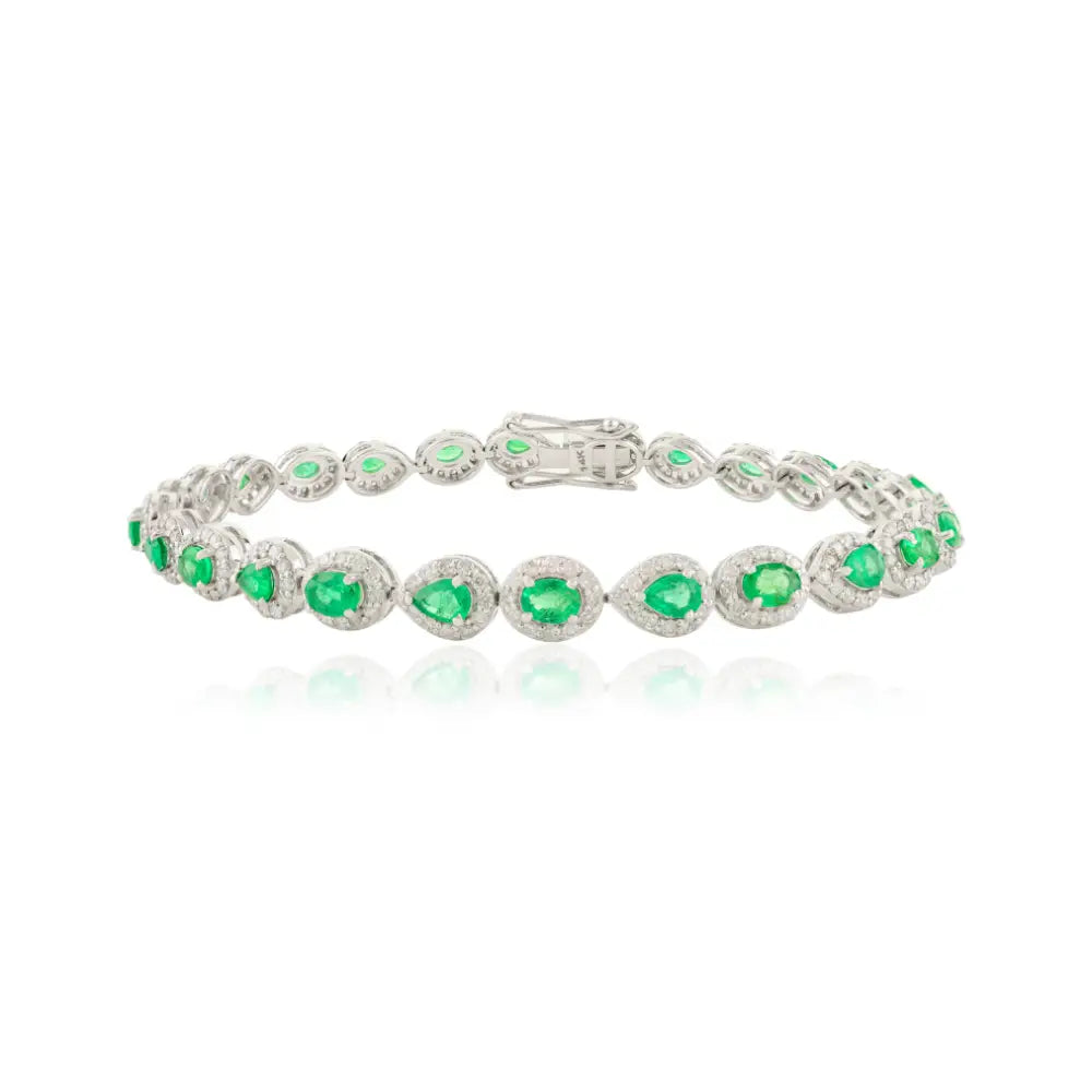Zambian Emerald & Diamond Halo Tennis Bracelet Solid 14K White Gold Handmade Jewelry