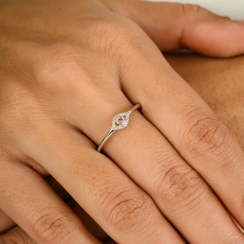 Dainty Small Pink Tourmaline & Diamond Evil Eye Ring 18K White Gold Fine Minimalist Jewelry