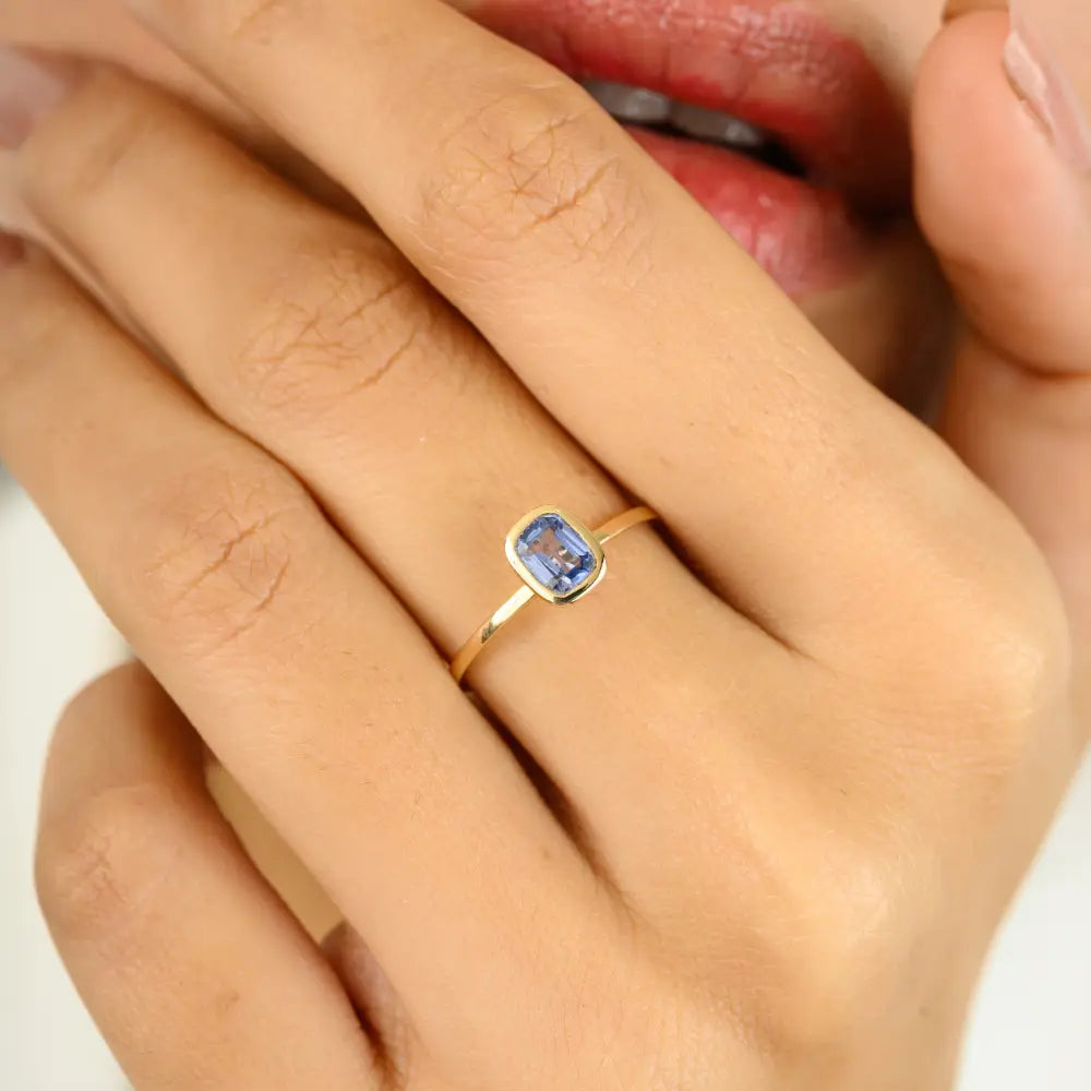 Minimal Octagon Cut Blue Sapphire Simple Design Single Stone Ring Real K14 Yellow Gold Jewelry