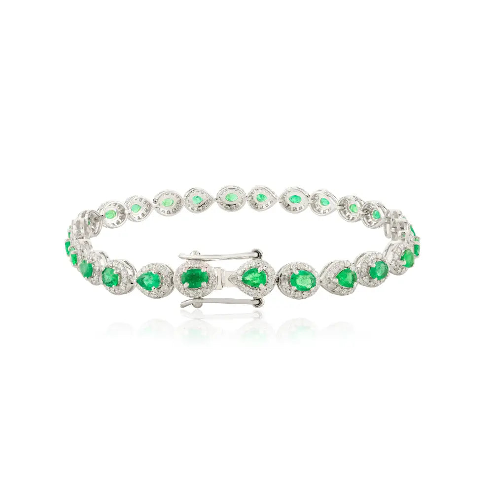 Zambian Emerald & Diamond Halo Tennis Bracelet Solid 14K White Gold Handmade Jewelry