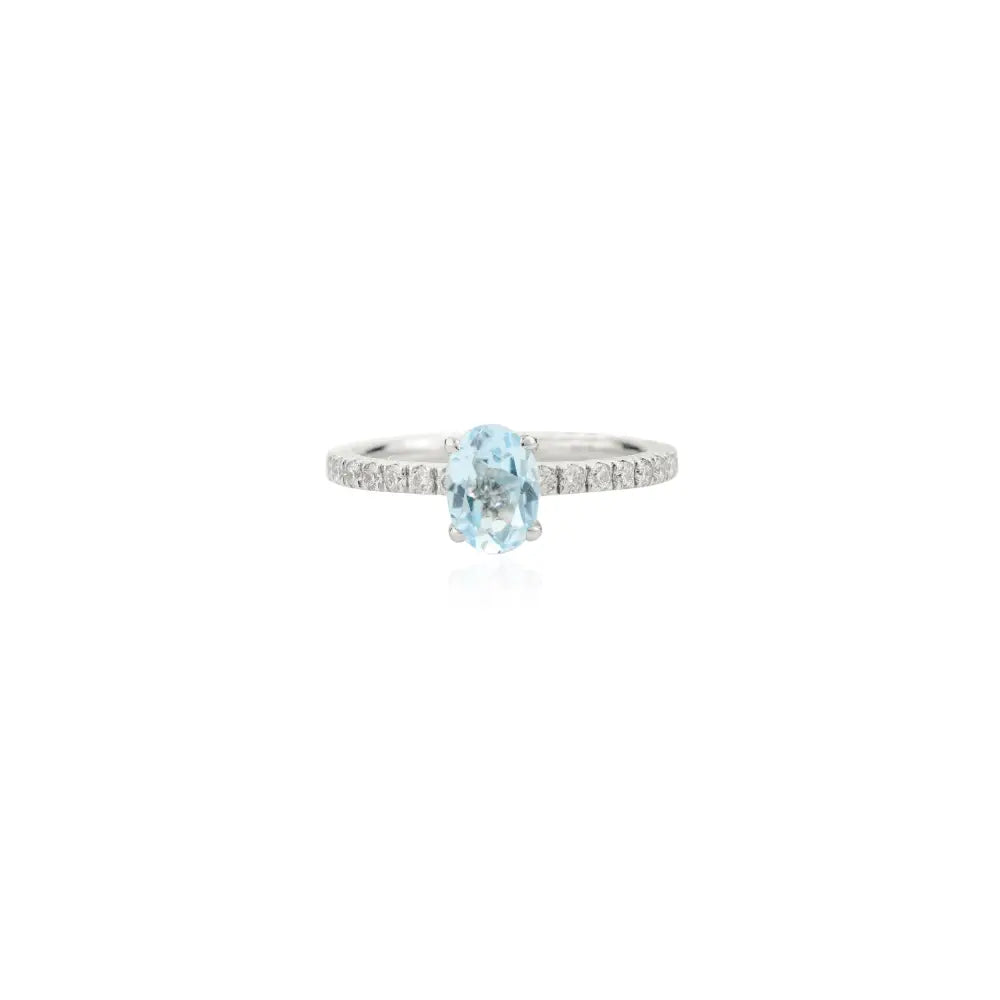 Oval Cut Blue Topaz & Diamond Prong Setting Engagement Ring Solid K14 White Gold Gemstone Jewelry