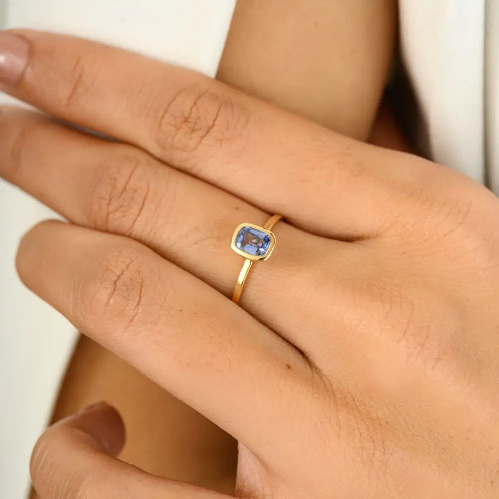 Minimal Octagon Cut Blue Sapphire Simple Design Single Stone Ring Real K14 Yellow Gold Jewelry
