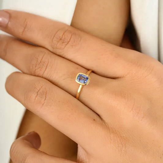 Minimal Octagon Cut Blue Sapphire Simple Design Single Stone Ring Real K14 Yellow Gold Jewelry