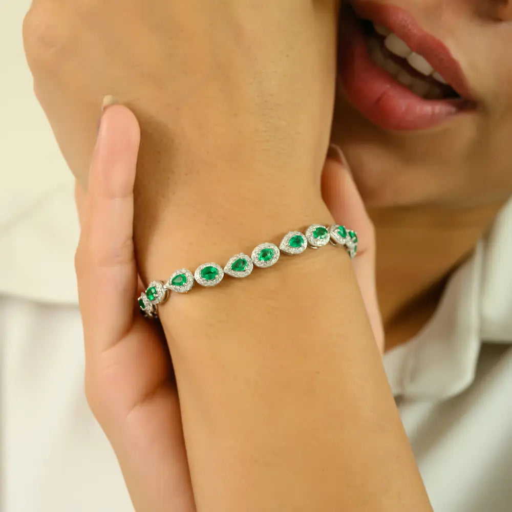 Zambian Emerald & Diamond Halo Tennis Bracelet Solid 14K White Gold Handmade Jewelry