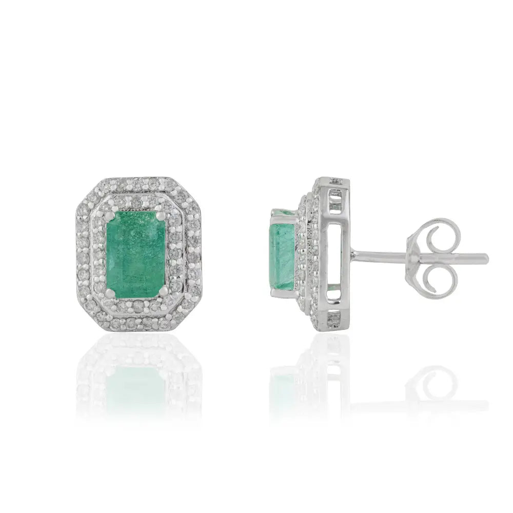 6x4mm Emerald & Diamond K14 White Gold Double Cluster Stud Earrings Mother's Day Gift
