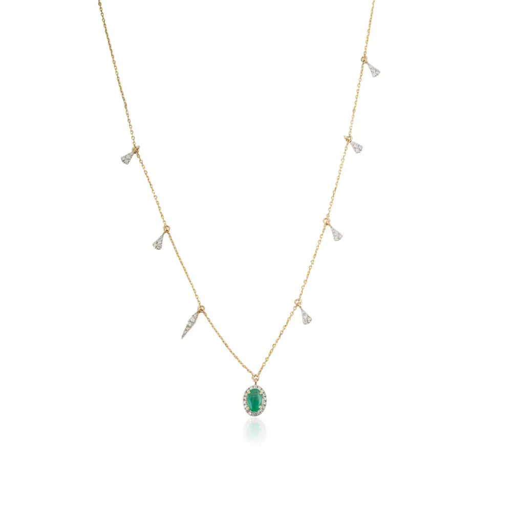Elegant Design Emerald & Diamond Stacked Charm Chain Necklace Solid 14K Yellow Gold Jewelry