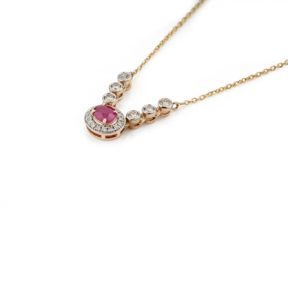 100% Genuine Ruby & Diamond Halo Pendant Necklace K14 Real Yellow Gold Fine Jewelry