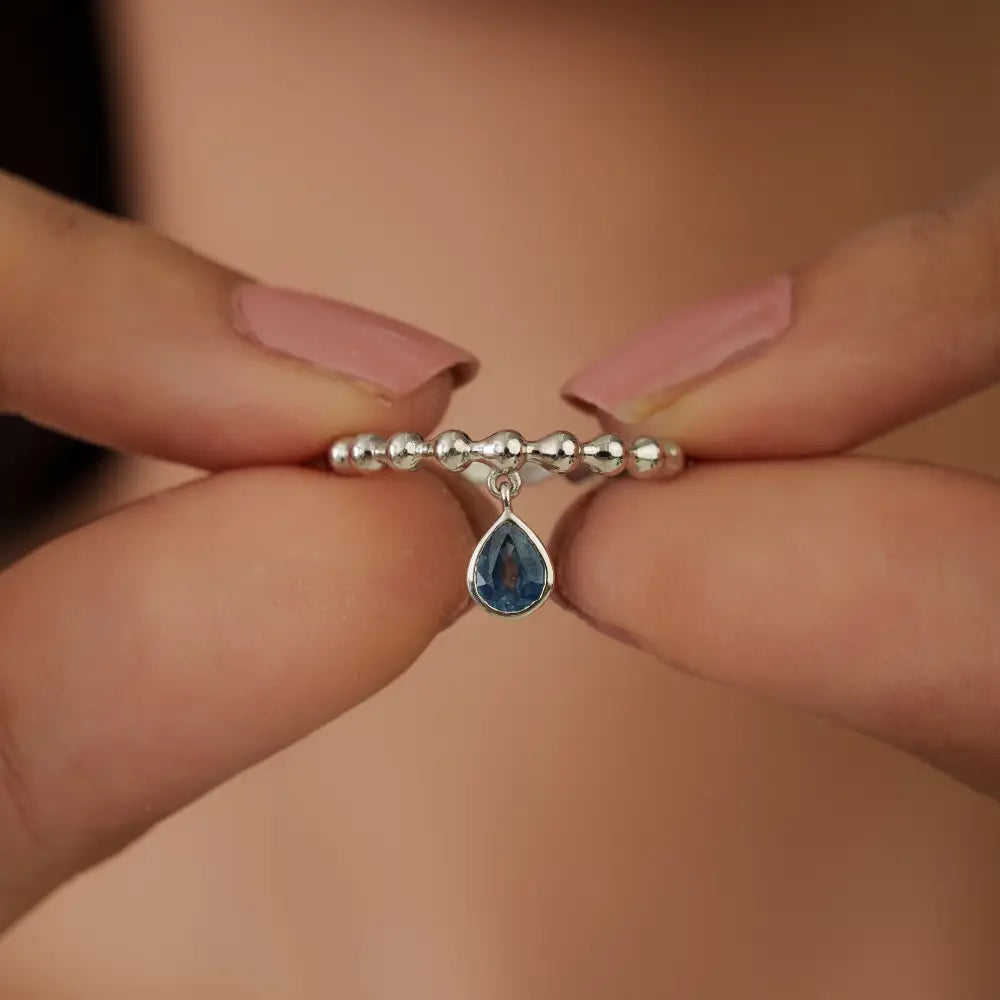 Real Blue Sapphire Gemstone Beaded Band Charm Ring Elegant 14K White Gold Bulk Jewelry