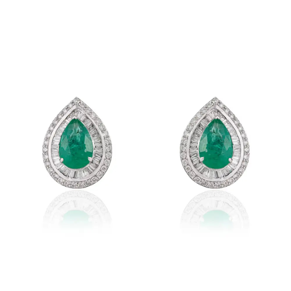 Real 18K White Gold Zambian Emerald & Diamond Pear Shape Double Cluster Stud Earrings