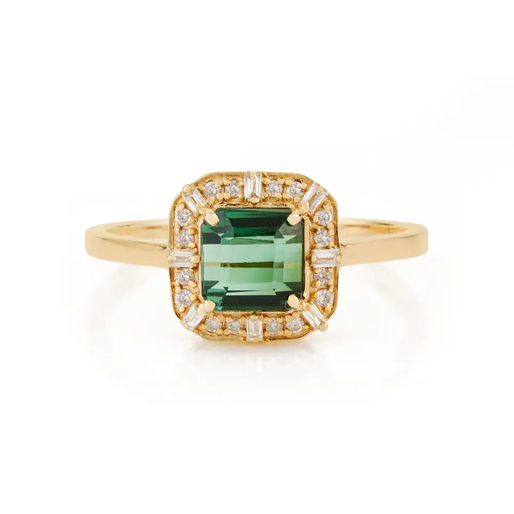 14K Real Yellow Gold Green Tourmaline & Diamond Halo Minimal Ring Stackable Jewelry
