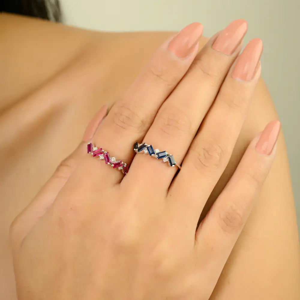 14K Real White Gold Blue Sapphire & Diamond Zig Zag Half Eternity Band Ring Unique Jewelry