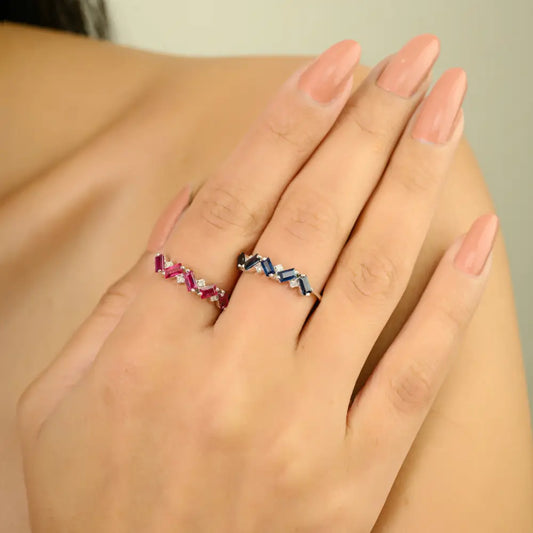 14K Real White Gold Blue Sapphire & Diamond Zig Zag Half Eternity Band Ring Unique Jewelry