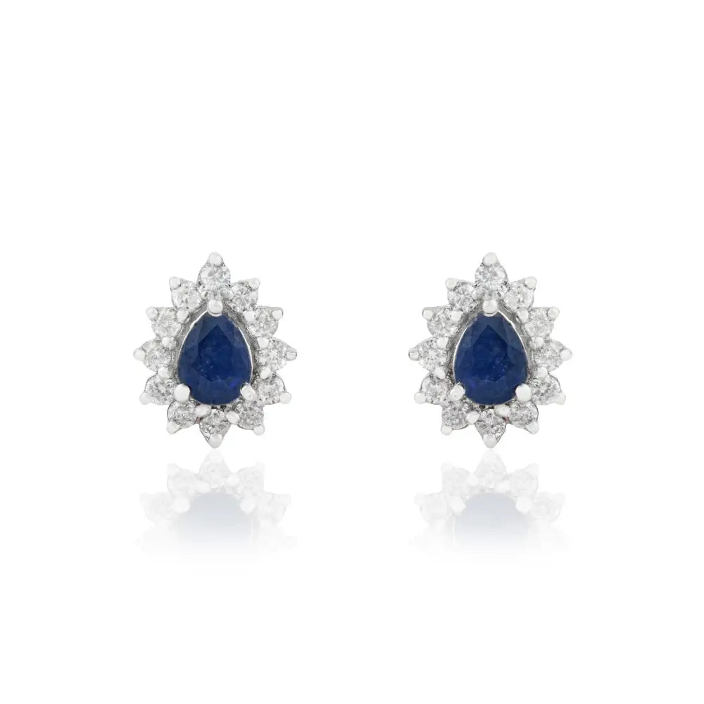 Prong Set Blue Sapphire & Diamond Pure 14K White Gold Cluster Stud Earrings Custom Jewelry