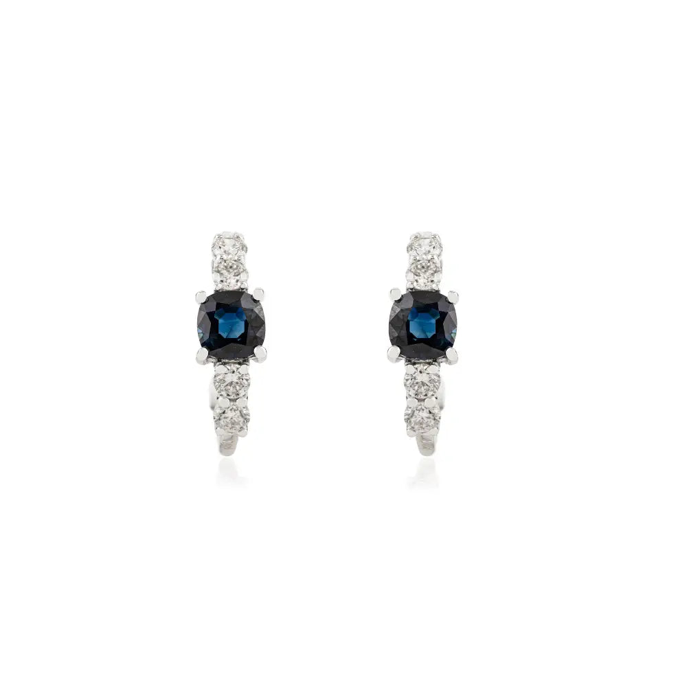 Cushion Shape Blue Sapphire & Diamond Fine Women Hoop Earrings 14K Real White Gold Jewelry