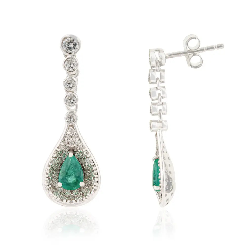 Real K14 White Gold Emerald & Diamond Teardrop Earrings Precious Gemstone Jewelry Supplier