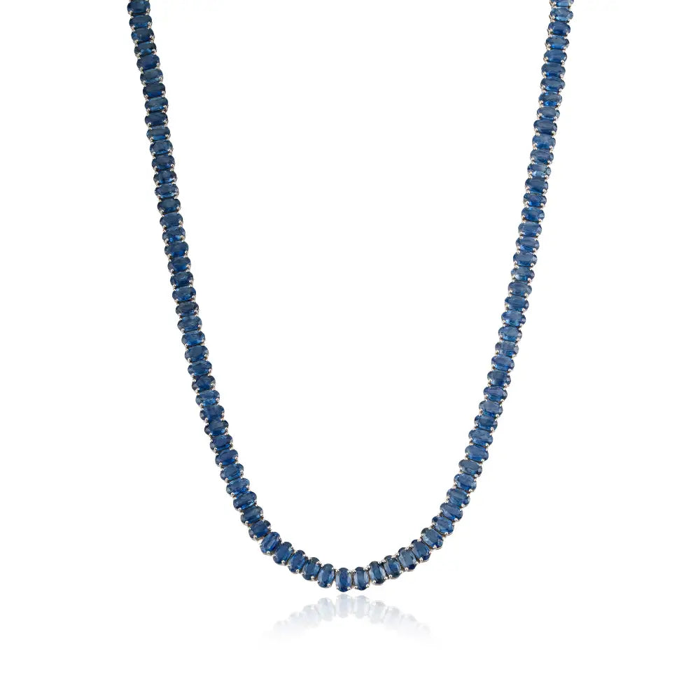 Handmade Design Blue Sapphire 14K White Gold Statement Tennis Necklace For Wedding