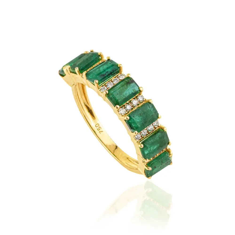 Zambian Emerald & Diamond Fine 18K Yellow Gold Half Eternity Band Ring Precious Jewelry