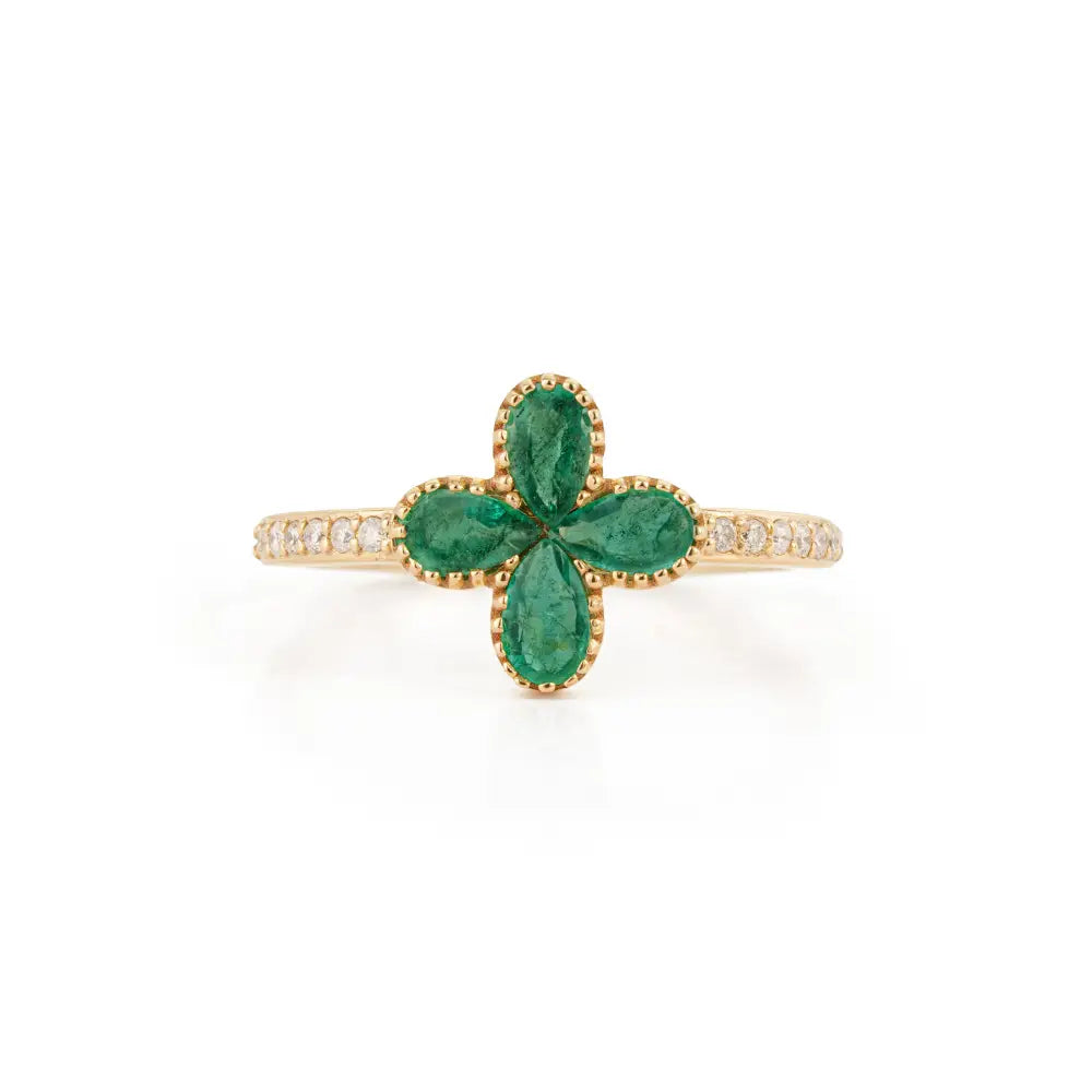 Latest Design 14K Pure Yellow Gold Emerald & Diamond Four Leaf Clover Ring Stack Jewelry