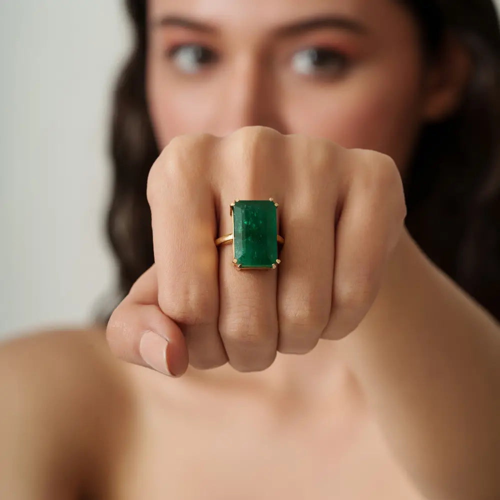 Double Prong Set 12.6 Ct. Emerald Single Stone Ring Wedding 18K Pure Yellow Gold Jewelry
