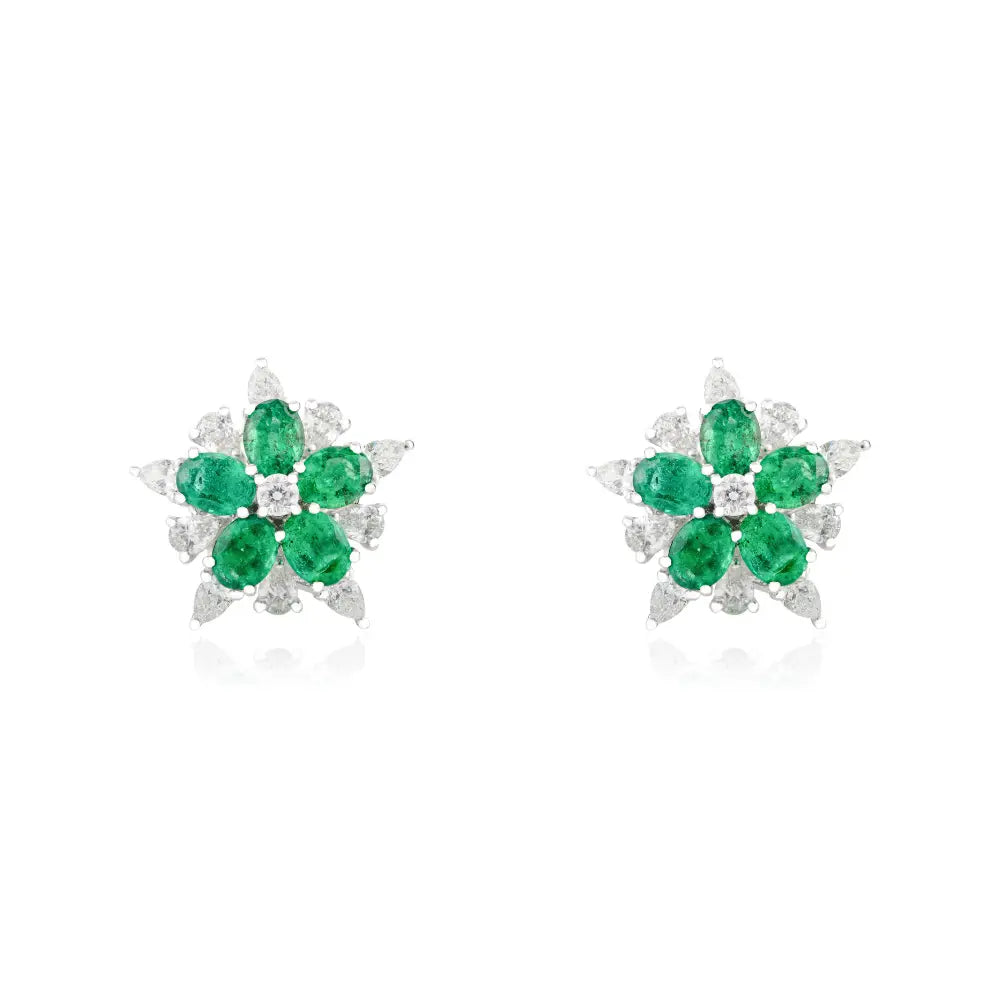 Emerald & Diamond 18K White Gold Flower Shape Stud Earrings Luxury Statement Jewelry