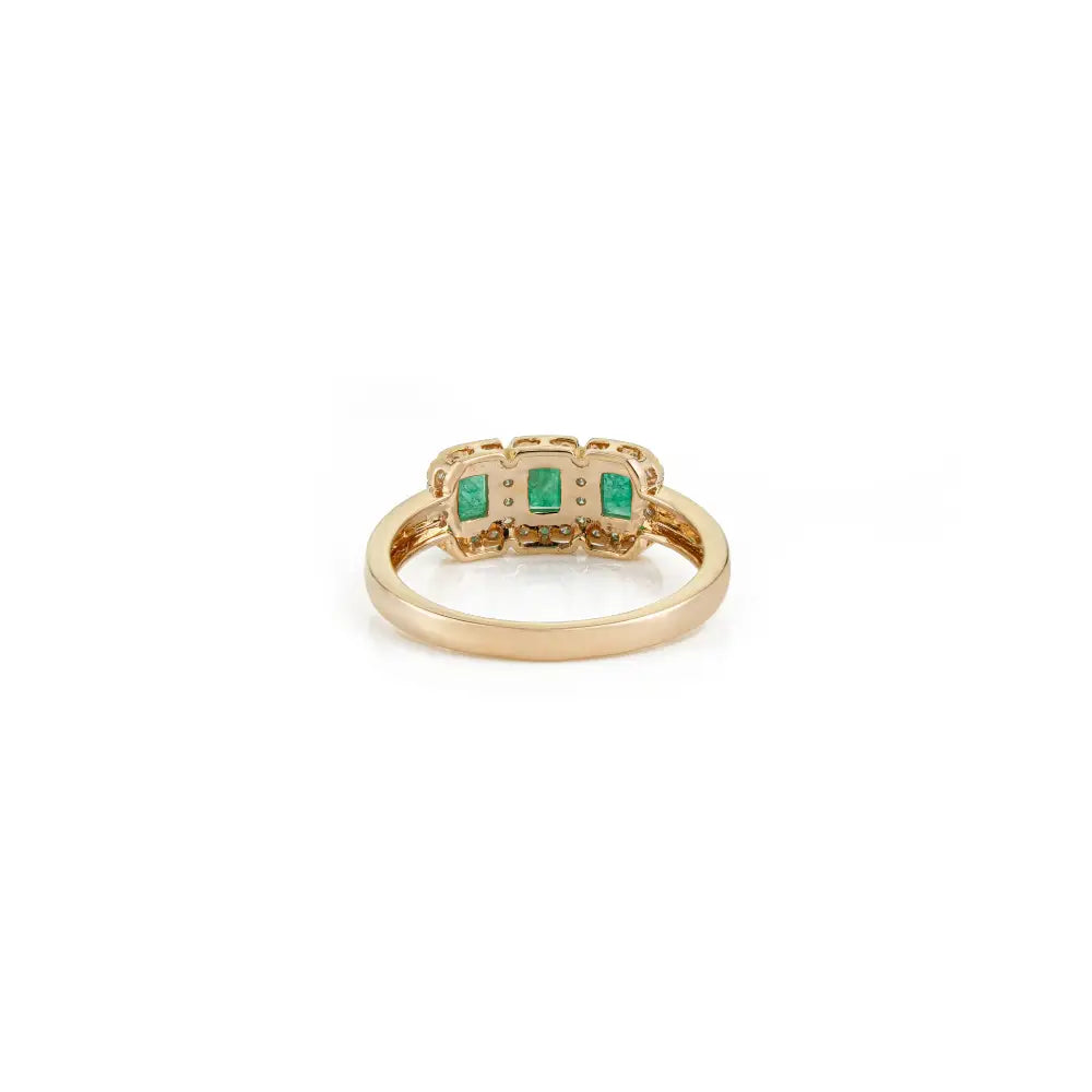 Octagon Cut Emerald & Round Diamond K14 Pure Yellow Gold Halo Three Stone Ring Unisex