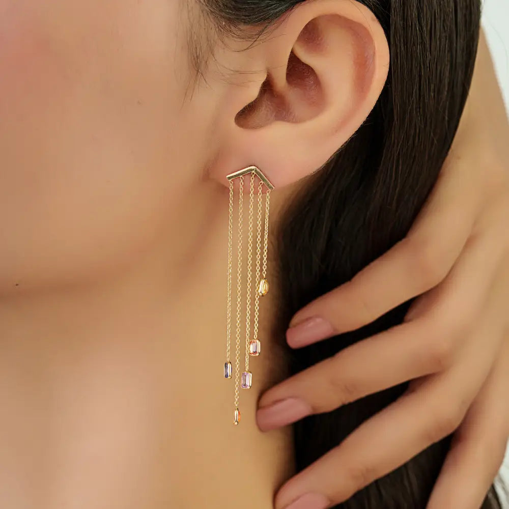 Unique Design Rainbow Sapphire Multi Chain Dangle Earrings Solid 14K Yellow Gold Jewelry